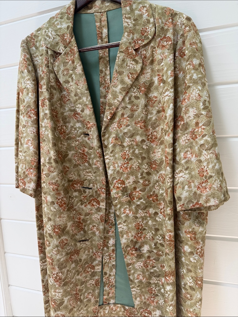 Vintage Retro Floral Terracotta + Olive House Coat with Mid Century Mint Lining